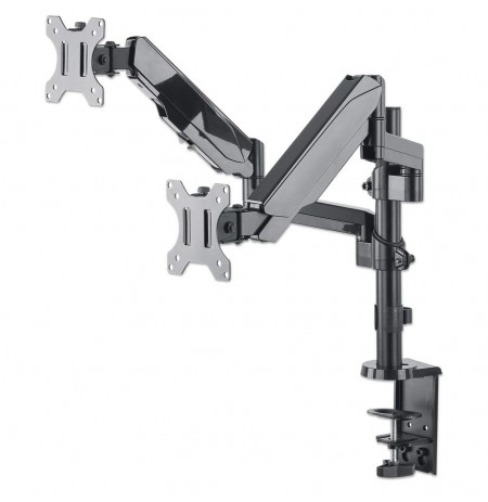 Manhattan TV & Monitor Mount, Desk, Full Motion (Gas Spring), 2 screens, Screen Sizes: 10-27", Black, Clamp or Grommet