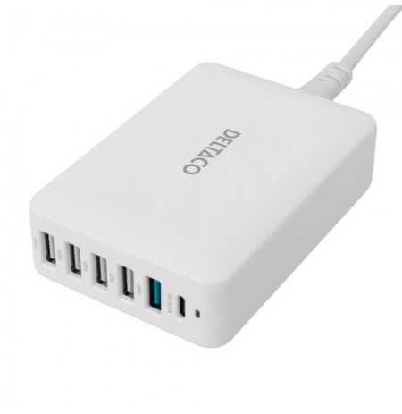 Multi 6 USB įkroviklis DELTACO, 4x USB-A, 1x USB-A 18W, 1x USB-C PD 30W / USBC-MO100 / 1902112 