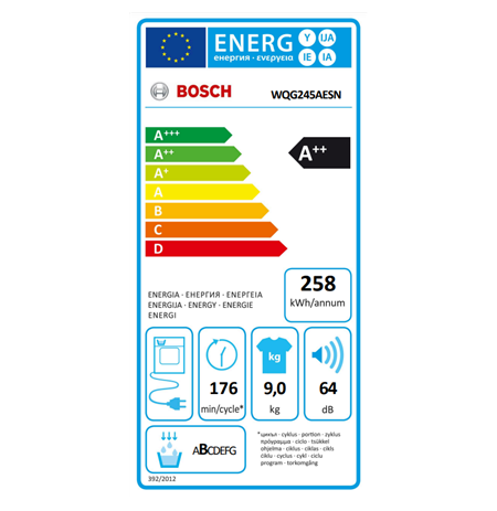 Bosch | Dryer Machine with Heat Pump | WQG245AESN | Energy efficiency class A++ | Front loading | 9 kg | Condensation | LED | De