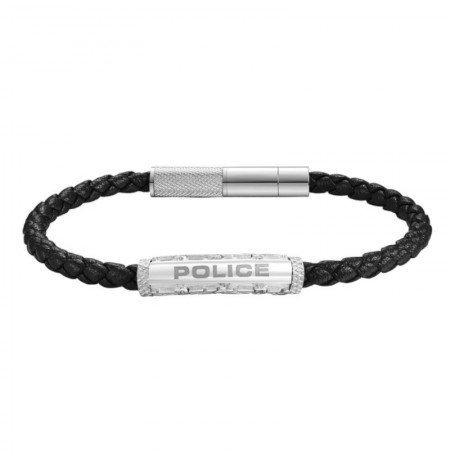 Police Warren Black Leather With Stainless Steel Wing Logo Gents Bracelet PEAGB0033601