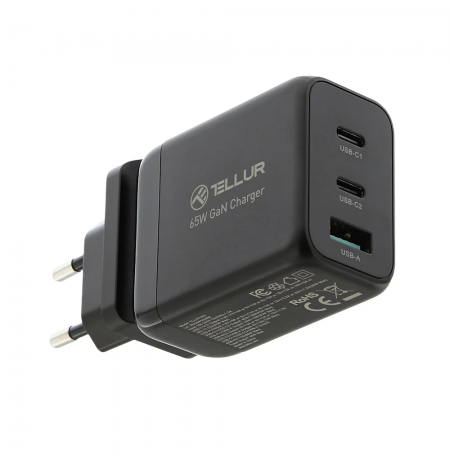 Tellur GaN 65W 3-port wall charger, 2xUSB-C + USB-A, EU,UK,US, black