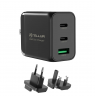 Tellur GaN 65W 3-port wall charger, 2xUSB-C + USB-A, EU,UK,US, black