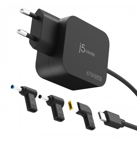 j5create JUP1565DCE3A-EN 67W GaN PD USB-C® Mini Charger with 3 Types of DC Connector - EU