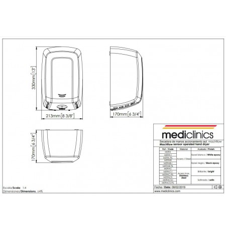 MEDICLINICS M09ACS-FIL Machflow rankų džiovintuvas, Satinas