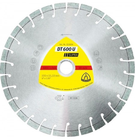 KLINGSPOR SEGMENTED DIAMOND BLADE 230mm x 2.6mm x 22.2mm SUPRA DT600U, REINFORCED CONCRETE