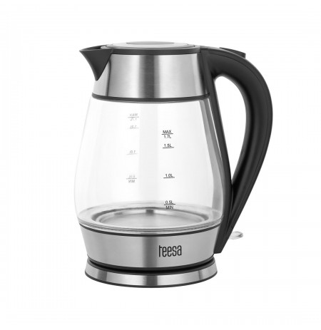 TEESA electric kettle, glass + inox, 2000 W, black, 1.7 L