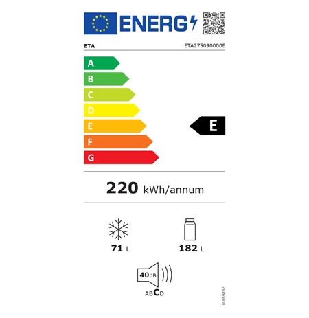 ETA Refrigerator | ETA275090000E | Energy efficiency class E | Free standing | Combi | Height 180 cm | No Frost system | Fridge 