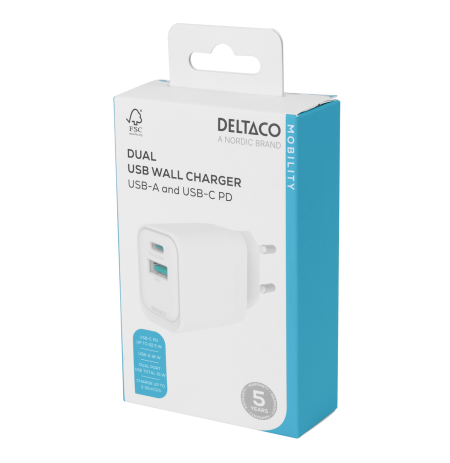 USB sieninis įkroviklis DELTACO, 1x USB-A 18 W, 1x USB-C PD 20 W, baltas/ USBC-AC154 / 1903153