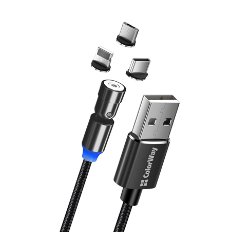 ColorWay Cable 3in1 (Lightning+MicroUSB+Type-C) Magnetic Rotation 540° 2.4А, 1m | CW-CBUU037-BK