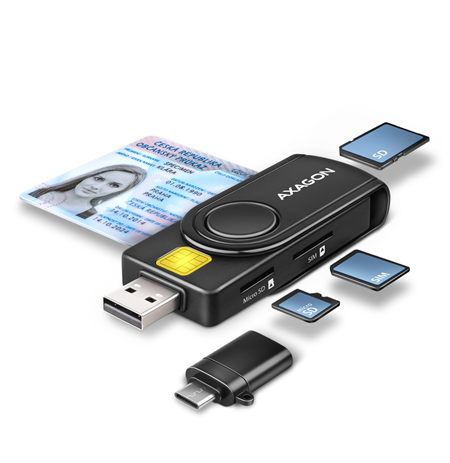 AXAGON Compact travel USB-A + USB-C contact Smart/ID card and SD/microSD/SIM card reader | CRE-SMP2A