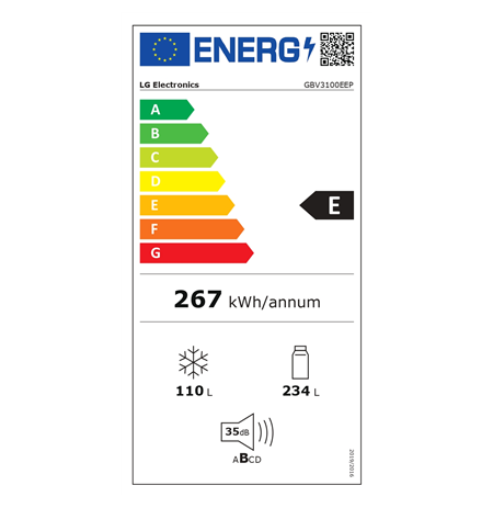 LG Refrigerator | GBV3100EEP | Energy efficiency class E | Free standing | Combi | Height 186 cm | No Frost system | Fridge net 