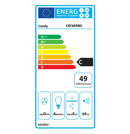 Candy Hood | CBT60RBG | Telescopic | Energy efficiency class C | Width 60 cm | 402 m³/h | Mechanical | LED | Black