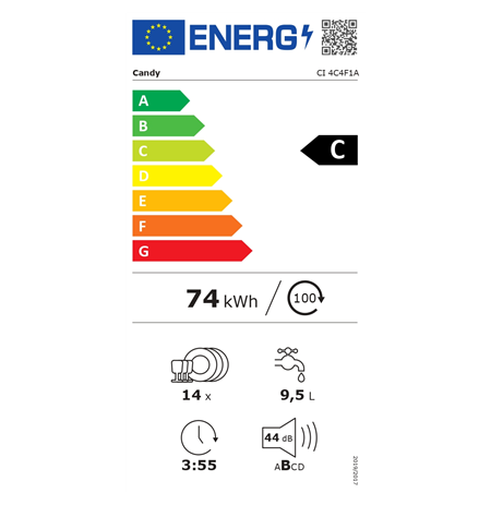 Candy Dishwasher | CI 4C4F1A | Built-in | Width 60 cm | Number of place settings 14 | Number of programs 8 | Energy efficiency c