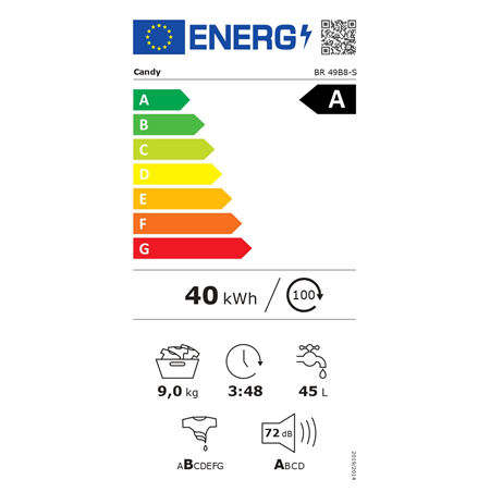 Candy Washing Machine | BR 49B8-S | Energy efficiency class A | Front loading | Washing capacity 9 kg | 1400 RPM | Depth 60 cm |