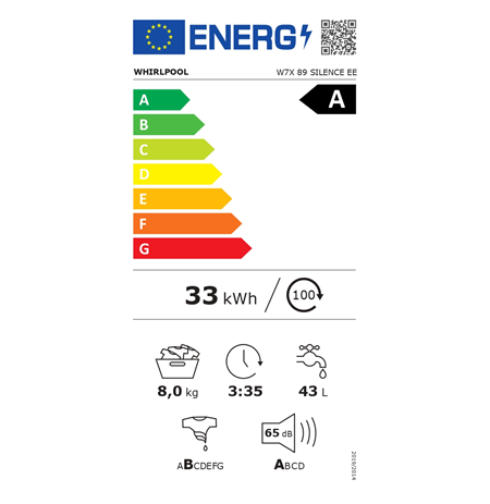 Whirlpool Washing machine | W7X 89 SILENCE EE | Energy efficiency class A | Front loading | Washing capacity 8 kg | 1400 RPM | D