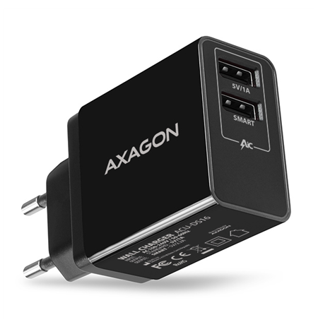 AXAGON Dual wall charger 240V/2x port 5V-2.2A and 5V-1A, 16W | ACU-DS16
