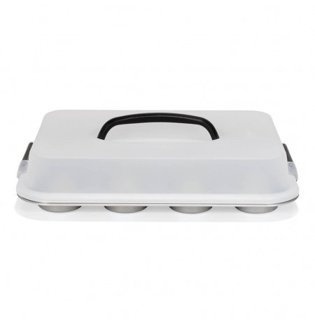 PATISSE SILVER-TOP 12-muffin tin with lid and handle