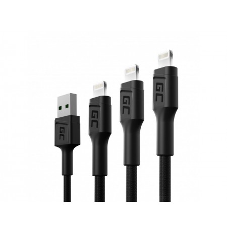 Green Cell Set 3x Ray Lightning Cable 30cm, 120cm, 200cm with white LED backlight, fast charging Apple 2.4A