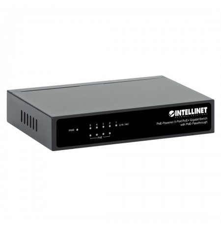 Intellinet 5-Port Gigabit Switch with PoE Passthrough, 4 x PSE PoE ports, 1 x PD PoE port, IEEE 802.3at/af Power-over-Ethernet (