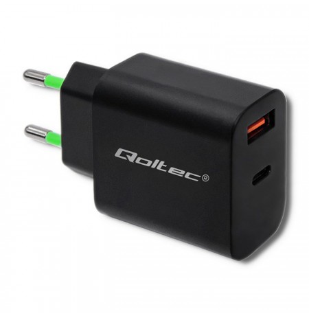 Qoltec 51713 Charger | 18W | 5-12V | 1.5-3A | USB type C PD | USB QC 3.0 | Black