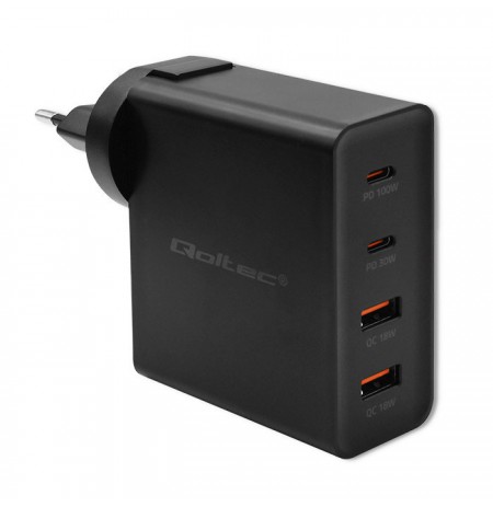 Qoltec GaN POWER PRO Charger | 2xUSB-C | 2xUSB | 130W | 5-20V | 1.5-5A | XP | Black