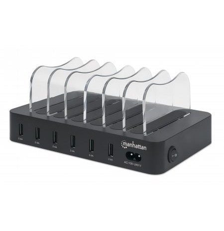 Manhattan Charging Station, 6x USB-A Ports, Outputs: 6x 2.4A, Smart IC, LED Indicator Lights, Black, Three Year Warranty, Box
