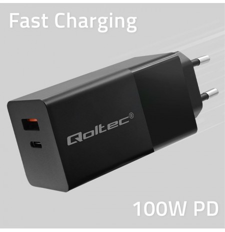 Qoltec 52382 GaN POWER PRO charger | 1xUSB type C | 1xUSB A | 100W | 5-20V | 1.5-5A | PD | Black