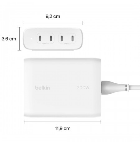 BELKIN WALL CHARGER 4X PORT USB-C GAN 200W, WHITE