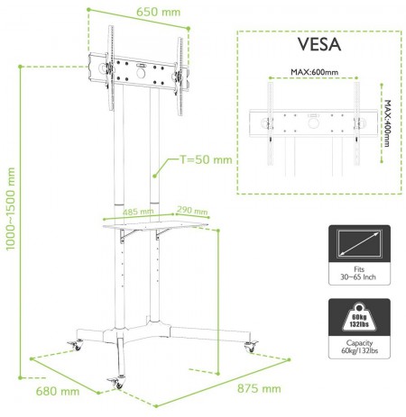 Techly Floor Trolley with Shelf Support LCD / LED / Plasma 30-65" ICA-TR6