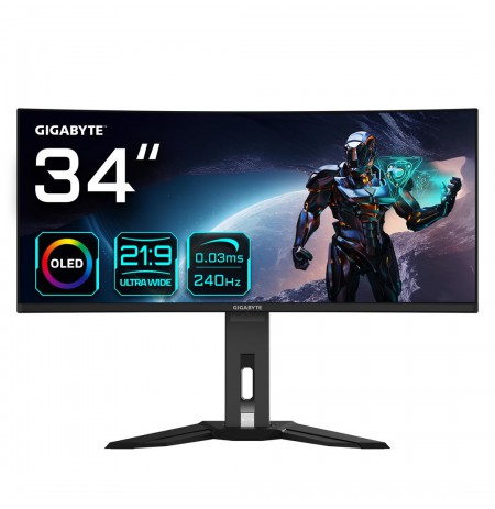 GIGABYTE MO34WQC2 34" OLED WQHD Curved Gaming Monitor - 3440 x 1440, 240Hz, 0.03ms, KVM, 250 cd/m², FreeSync Premium Pro, Displ