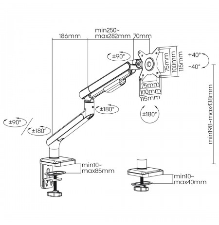 Ergo Office ER-751 Monitor Desk Mount Gas Spring 9kg Adjustable VESA 75x75 100x100 17" - 32" White Silver Clamp Mount Single Arm