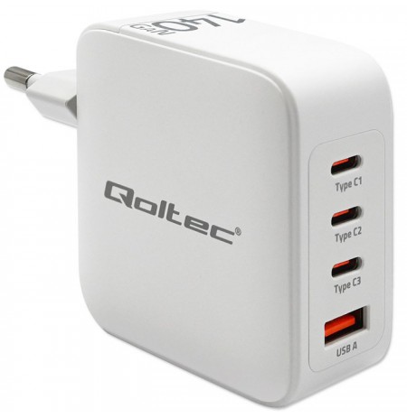 Qoltec 140W GaN Wall Charger | 5-20V | 2.5-5A | 3 x USB-C PD | 1 x USB QC 3.0 | White