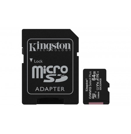 KINGSTON 64GB microSDXC Canvas Select Plus 100R A1 C10 Card + ADP