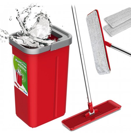 Flat Mop + Bucket + Telescopic Pole + 2 x Microfibre Pad 5.7L Floor Cleaning XXL Set Rotating Head
