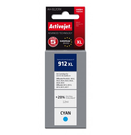 Activejet AH-912CRX ink for HP printers, Replacement HP 912XL 3YL81AE, Premium, 990 pages, blue