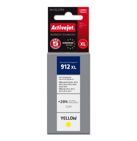 Activejet AH-912YRX ink for HP printers, Replacement HP 912XL 3YL83AE, Premium, 990 pages, yellow