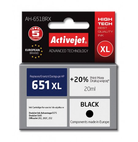 Ink cartridge Activejet AH-651BRX (replacement HP 651 C2P10AE, Premium, 20 ml, black)