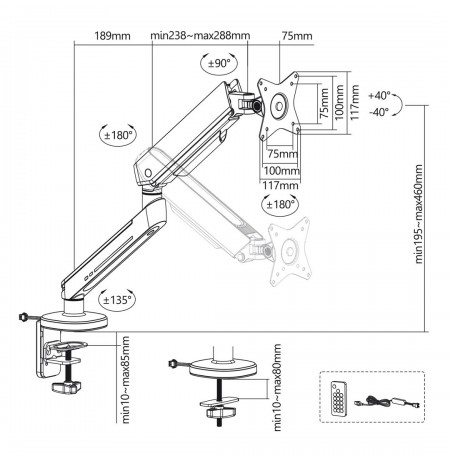 NanoRS Gaming Monitor Mount 17-32" with RGB LED Lighting Desk Mount Height Adjustable Swivel Tilt Max. 9kg VESA 75x75 / 100x100