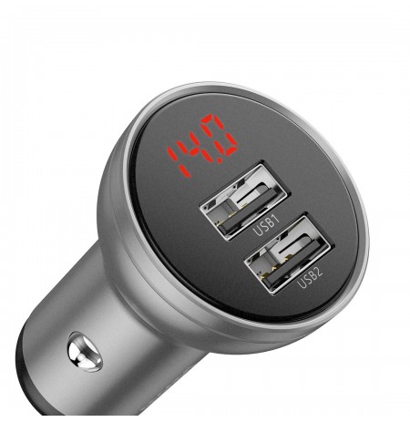 Baseus car charger with display, 2x USB, 4.8A, 24W (silver)
