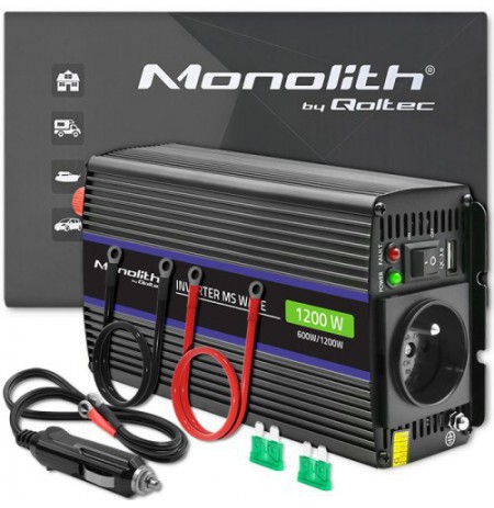 Qoltec 51925 Monolith voltage converter 1200 MS Wave |12V to 230V | 600/1200W | USB