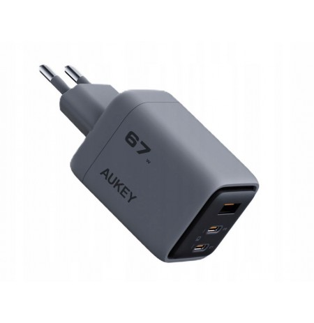 Wall Charger 67W 2xUSB-C, 1xUSB, PD GaN By Aukey Dark Grey