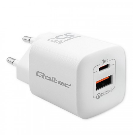 Qoltec 50763 mobile device charger Laptop, Portable gaming console, Power bank, Smartphone, Smartwatch, Tablet White AC Fast cha