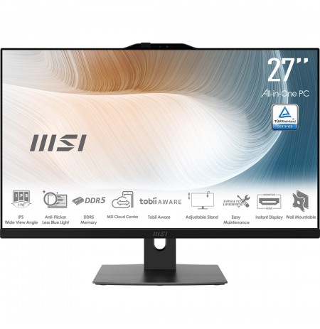 MSI AIO Modern AM272P 1M-848EU Core5-120U 27" IPS LED FHD Non-Touch Anti-Glare 8GB SSD512GB M.2 AX211 WiFi 6E Windows 11 Pro Bla