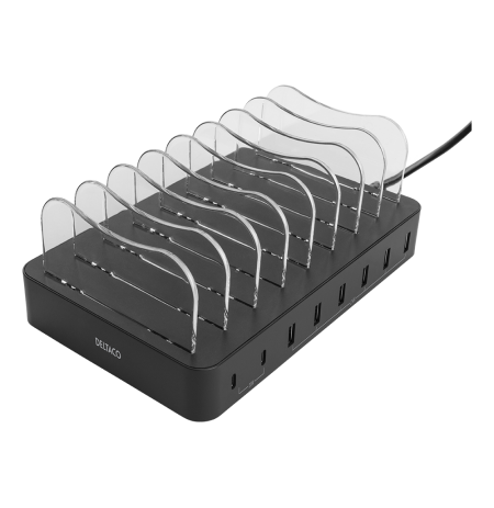USB krovimo stotelė DELTACO skirtas 8 prietaisams, 6x USB-A, 2x USB-C PD, greitas krovimas, 75 W, juodas / DPS-0201