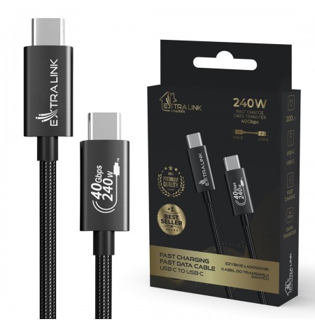 Extralink Smart Life USB Type-C to Type-C Cable Braided Black | USB-C Cable | 240W, 40Gbps, 200cm
