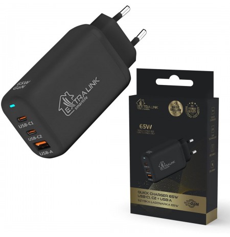 Extralink Smart Life Fast Charger 65W GaN | Charger | 2x USB-C, USB-A, CHARESL02