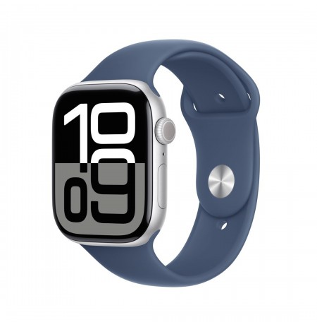 Apple Watch Series 10 GPS + Cellular 46mm Silver Aluminium Case with Denim Sport Band - S/M