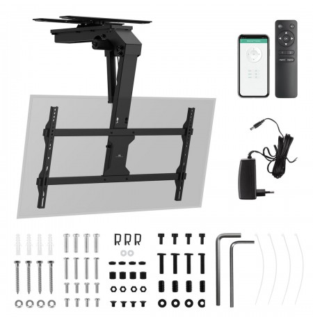 Maclean electric TV mount, ceiling mount, Tuya support, max. VESA 800x400, reg. in pos. +90°~-90°, for TV 43-86", max. 45kg,