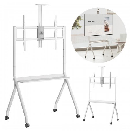 Maclean TV stand / cart, camera shelf, on casters, 55-100", max load 120kg/10kg shelf, max. VESA 900x600, white, MC-114 W