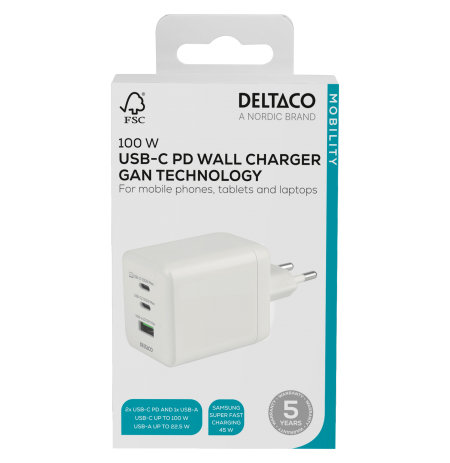 USB GaN sieninis įkroviklis DELTACO, 100 W, 1x USB-A, 2x USB-C, PPS, bendra išvestis 100 W, baltas / USBC-GAN06 / 1903219